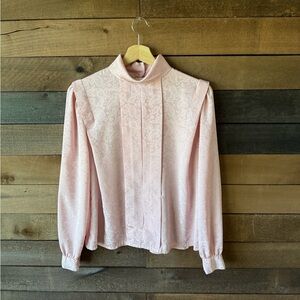 Vintage Pink Paisley Jacquard High Neck Blouse Romantic 80s Button Top